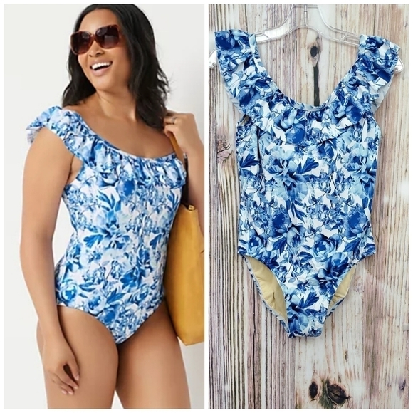 𝅺G.I.L.I. Blue Floral Ruffle Top One Piece Swimsuit - Picture 1 of 12